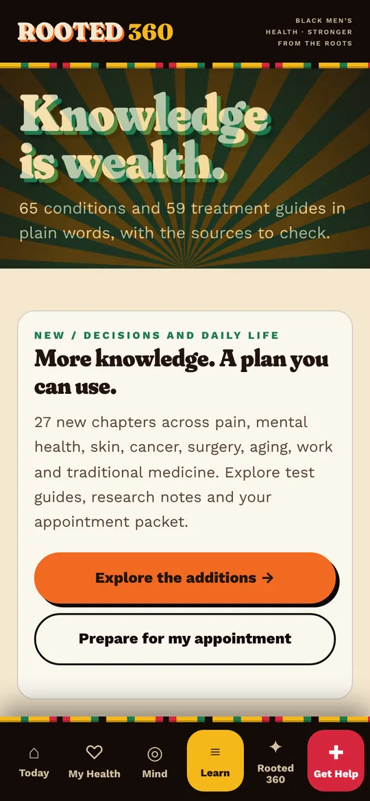 Rooted 360 screen: Learn. 65 conditions and 59 treatment guides in plain words, with the sources.