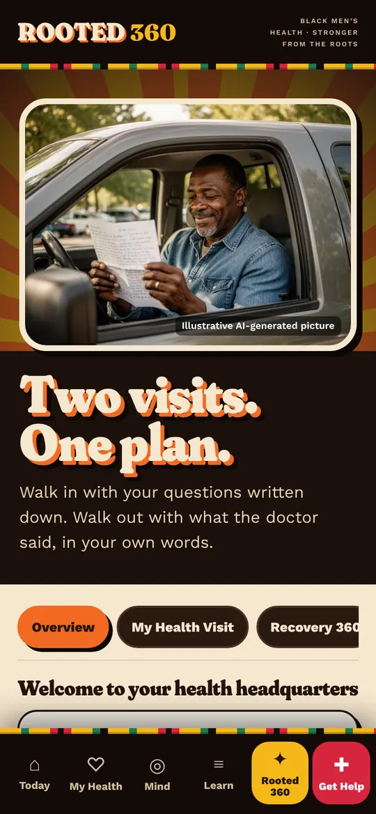 Rooted 360 screen: Rooted 360. Two doctor visits, one plan: questions, notes and a packet to bring.